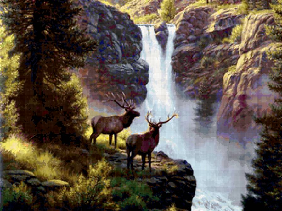 олени у водопада - олени, водопад, пейзаж, природа - предпросмотр