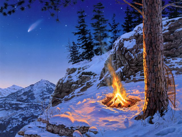 костер в горах - лес, зима, огонь, пейзаж, горы, природа - оригинал