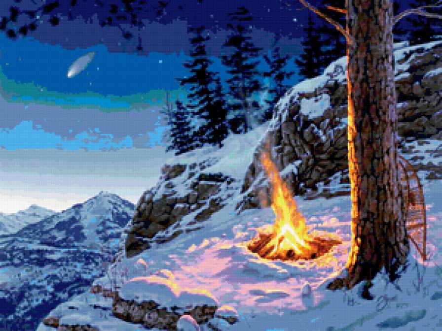 костер в горах - огонь, природа, зима, пейзаж, горы, лес - предпросмотр