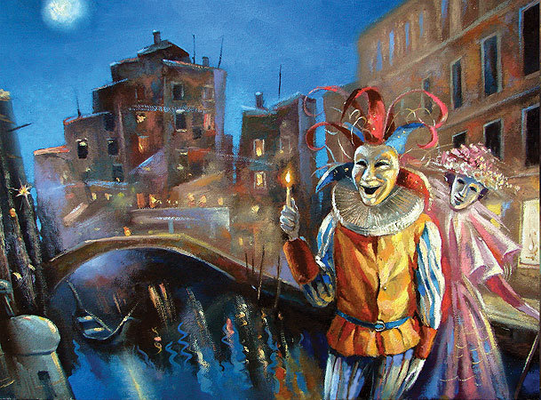 Дм. Спирос.Ночной карнавал - живопись.венеция.пейзаж.карнавал.маска - оригинал