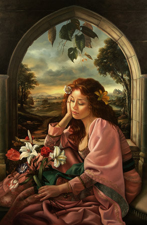 девушка с цветами - грусть, девушка, цветы, арка, живопись - оригинал