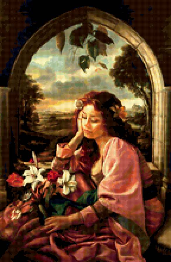 девушка с цветами - грусть, арка, девушка, цветы, живопись - предпросмотр