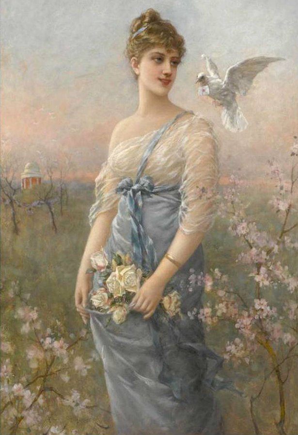 девушка и голубь - девушка, живопись, голубь, розы - оригинал