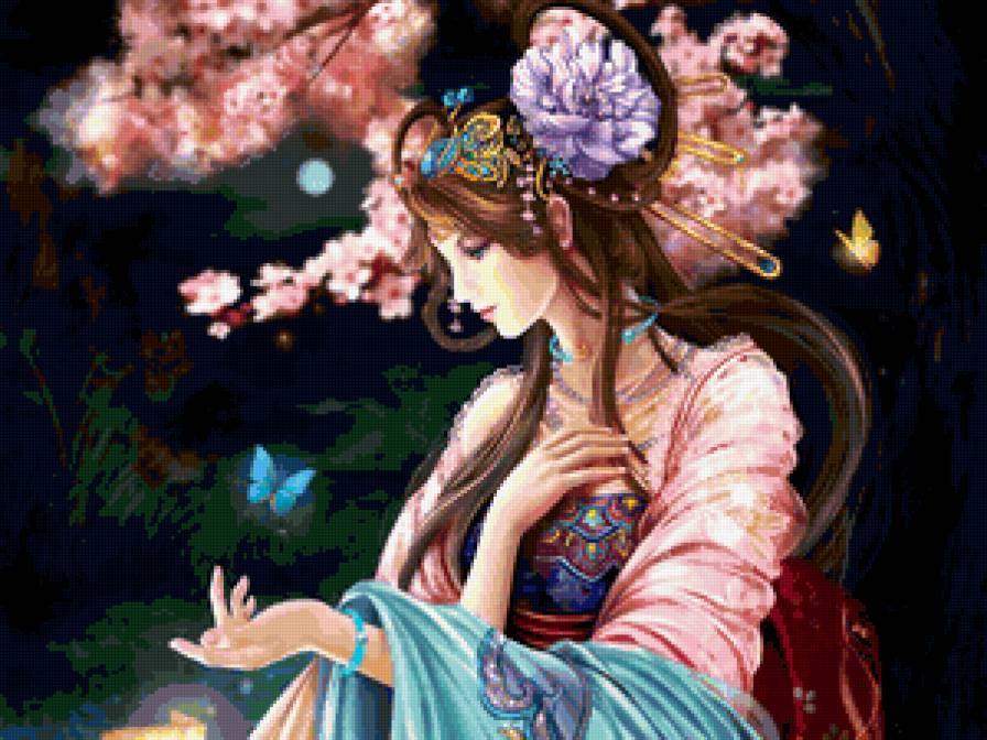 девушка фэнтези - фэнтези, бабочка, красочно, девушка, восток, люди - предпросмотр