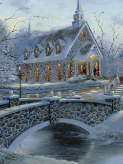 зимний мост - мост, домик, зима, пейзаж - оригинал