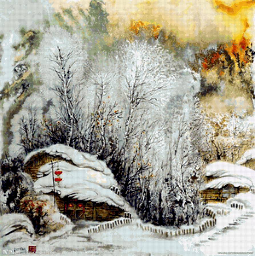 Серия "Пейзажи" - зима, снег, закат, домик, пейзаж - предпросмотр