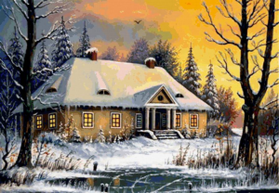 зимний пейзаж - природа, дом, лес, река, снег, зима - предпросмотр