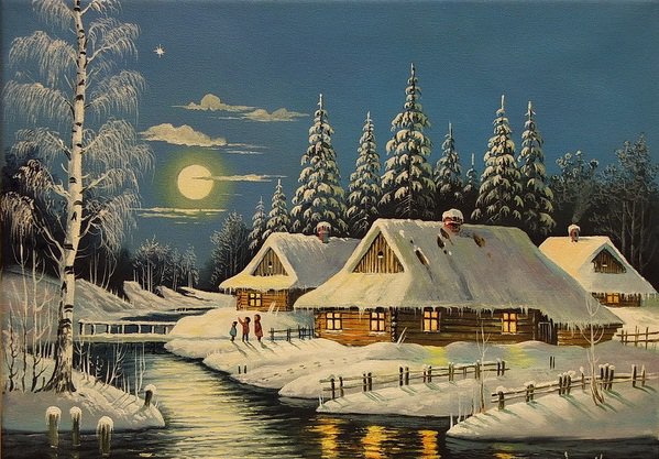 закат - лес, дом, зима, снег, природа, река - оригинал