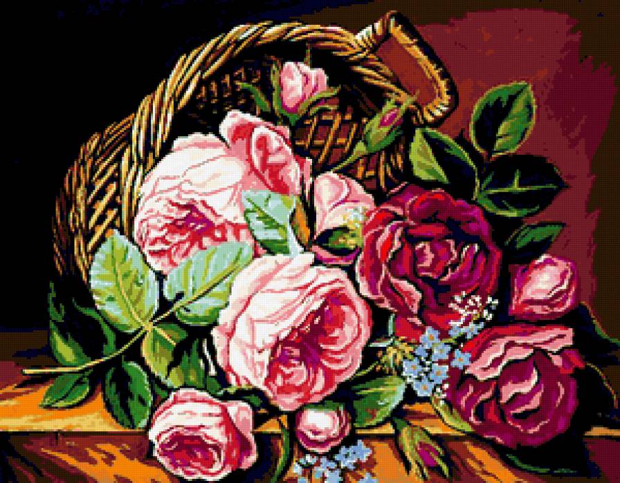Розы и незабудки - корзина, цветы, незабудка, роза, незабудки, розы - предпросмотр