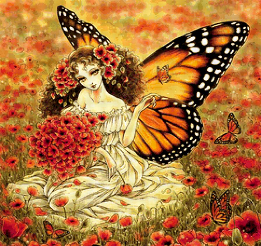 Среди маков - фея, цветы, маки, девушка, фантазия, поле - предпросмотр