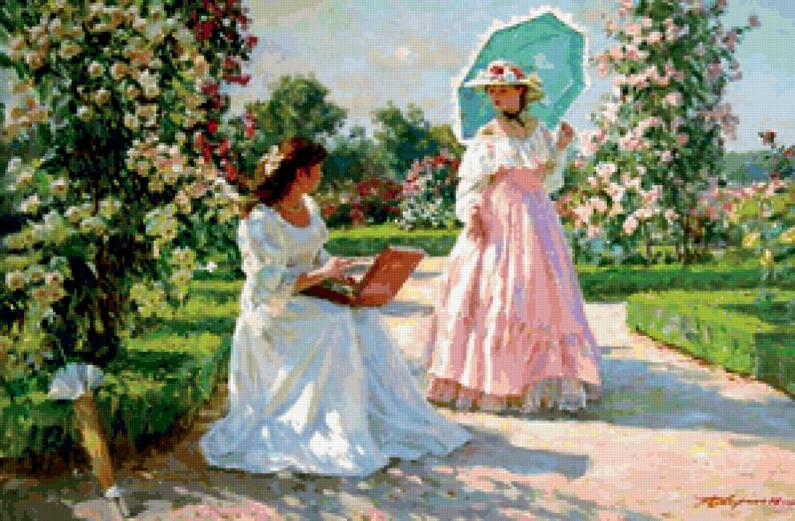 Прогулка в саду - девушки, цветы, сад, парк, пейзаж - предпросмотр