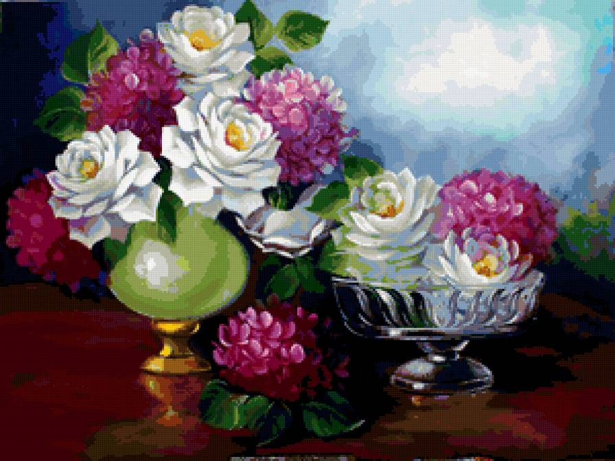 Белые розы и гортензии - гортензия, цветы, букет, розы - предпросмотр