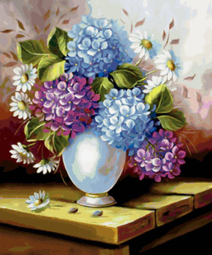 Гортензия и ромашки - гортензия, букет, ромашки, цветы - предпросмотр