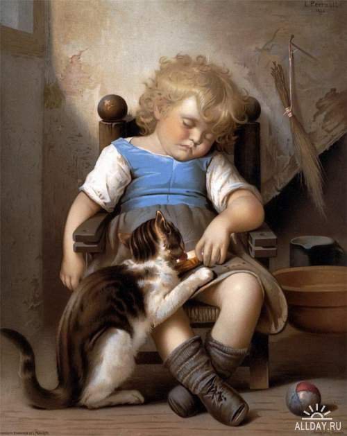 картина Leon Bazile Perrault - девочка, картина, кошка - оригинал