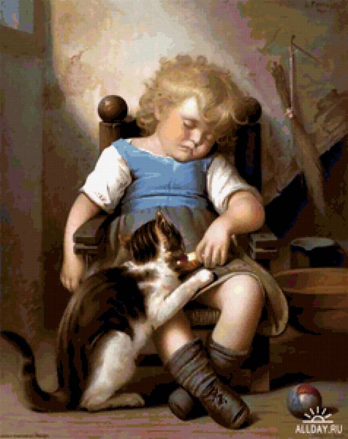картина Leon Bazile Perrault - девочка, картина, кошка - предпросмотр