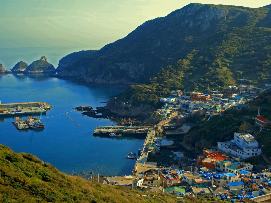 Пейзаж - домики, природа, горы, море - оригинал