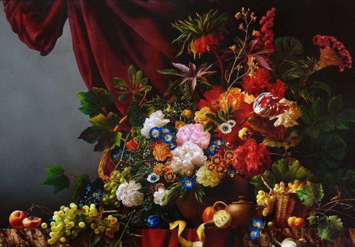 Натюрморт с цветами - натюрморт, фрукты, цветы - оригинал
