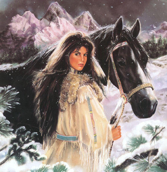 девушка и конь - природа, зима, конь, девушка - оригинал
