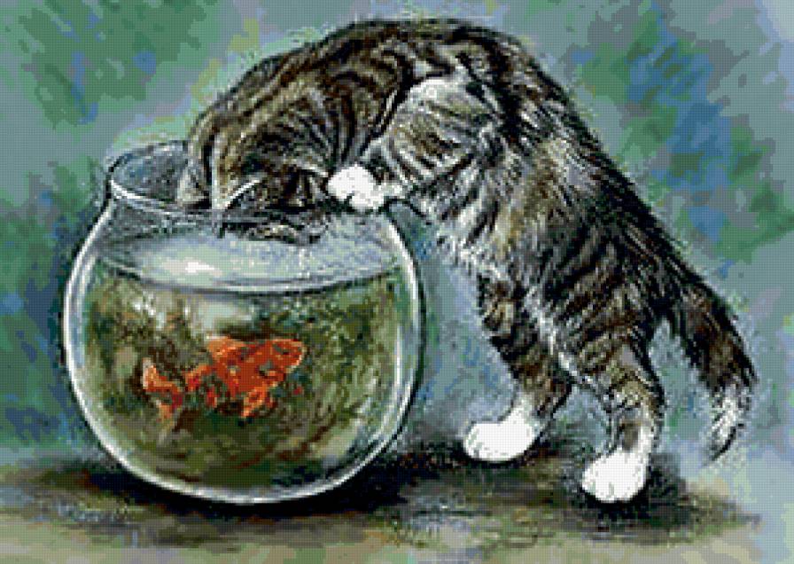 рыболов - рыбка, кот, рыболов, аквариум - предпросмотр