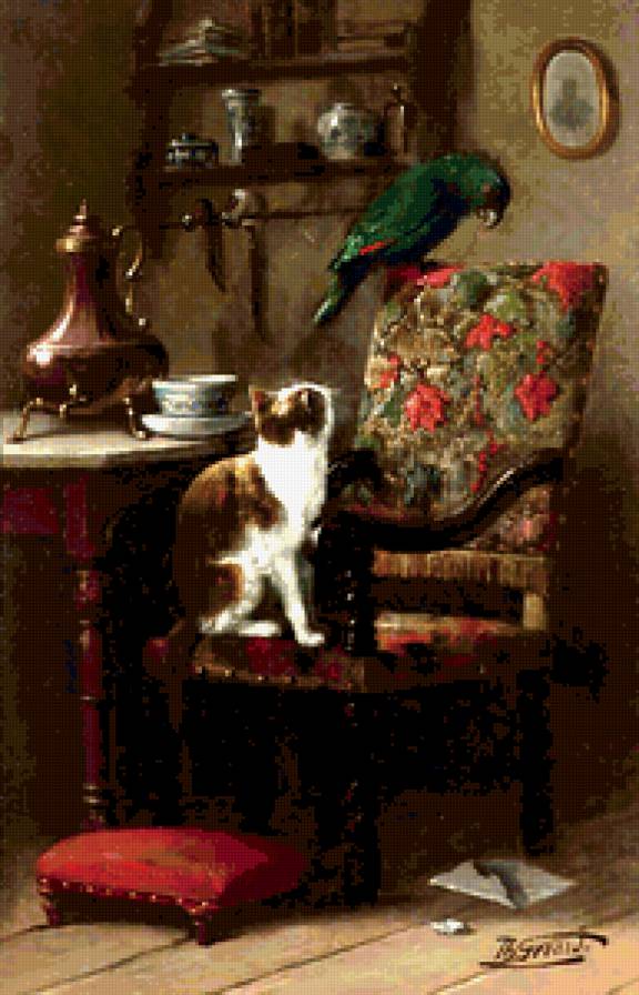 кот с попугаем(Деодор Герард) - по картинам художников - предпросмотр