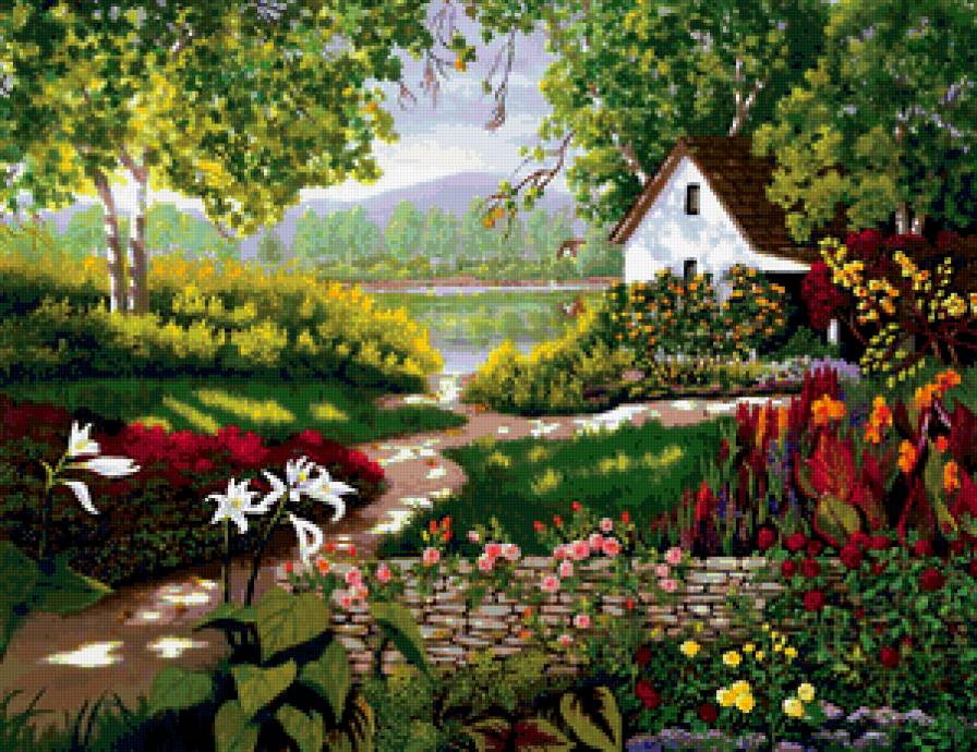 Летний пейзаж - дом, озеро - предпросмотр