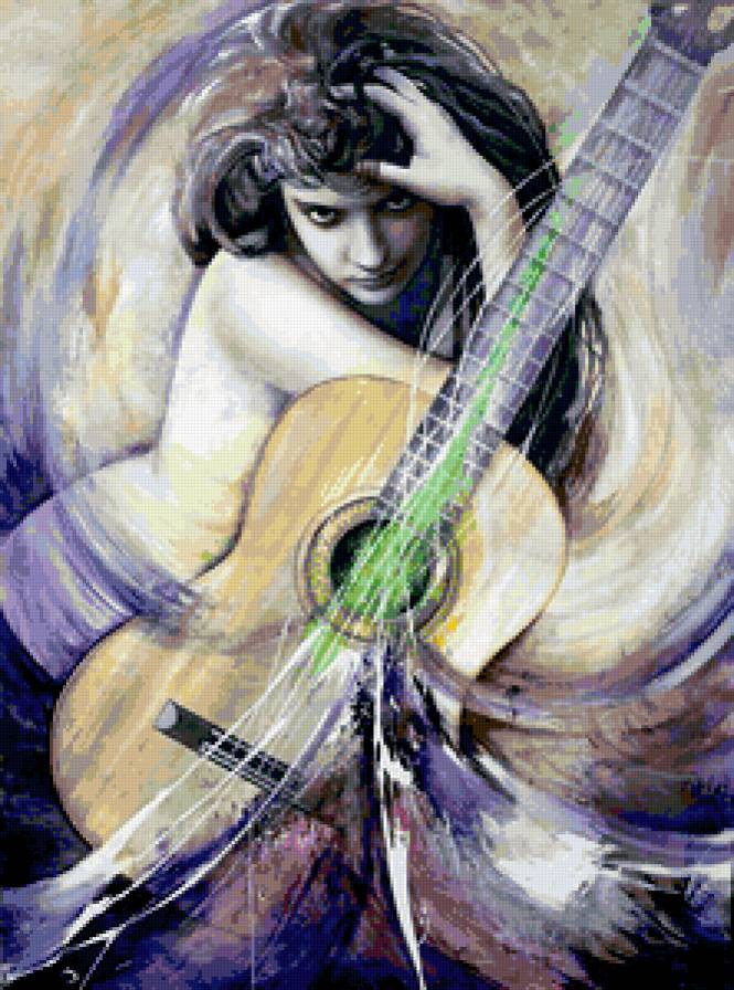 Красота женщины - портрет, картина, гитара, девушка, красота женщины, графика, глаза - предпросмотр