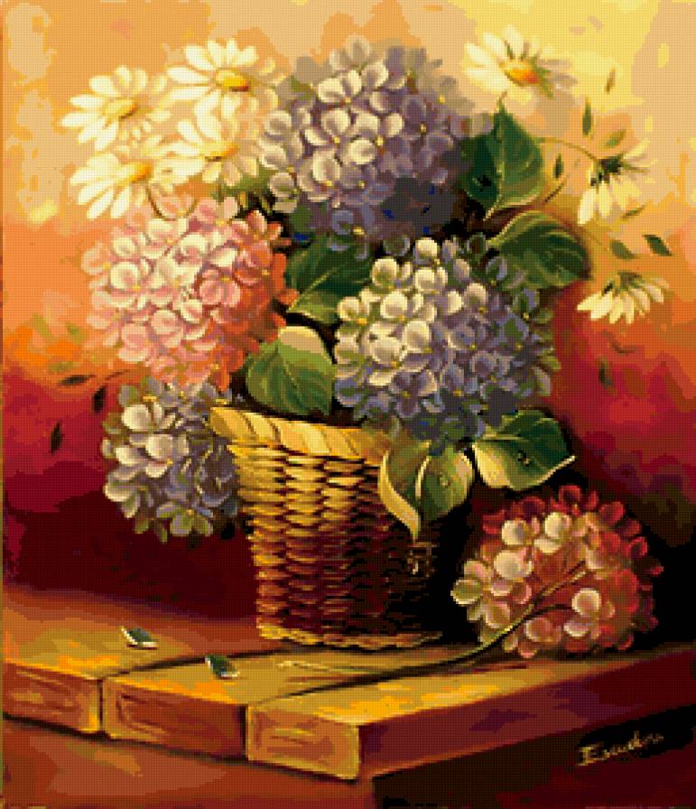 Гортензия и ромашки - гортензия, цветы, ромашки, букет - предпросмотр