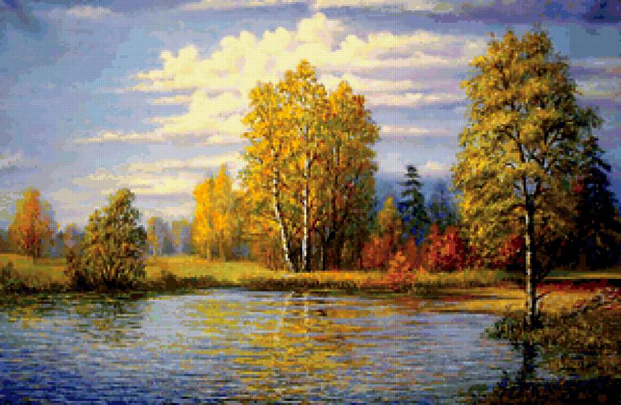 картина - пейзаж, осень, речка, природа - предпросмотр