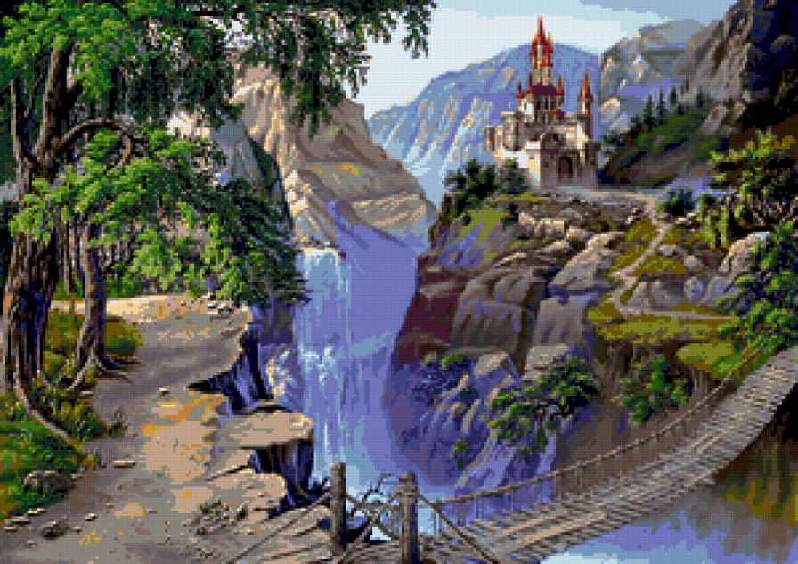 Пейзаж - водопад, замок, пейзаж - предпросмотр