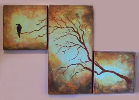 В ожидании - ворона, дерево, ворон, триптих - оригинал