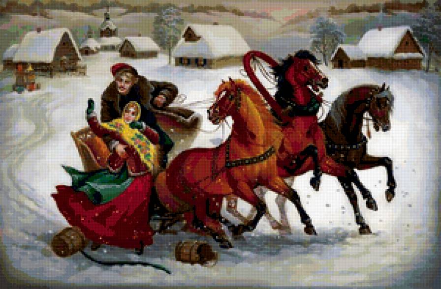 Тройка - люди, роспись, лошади, тройка - предпросмотр