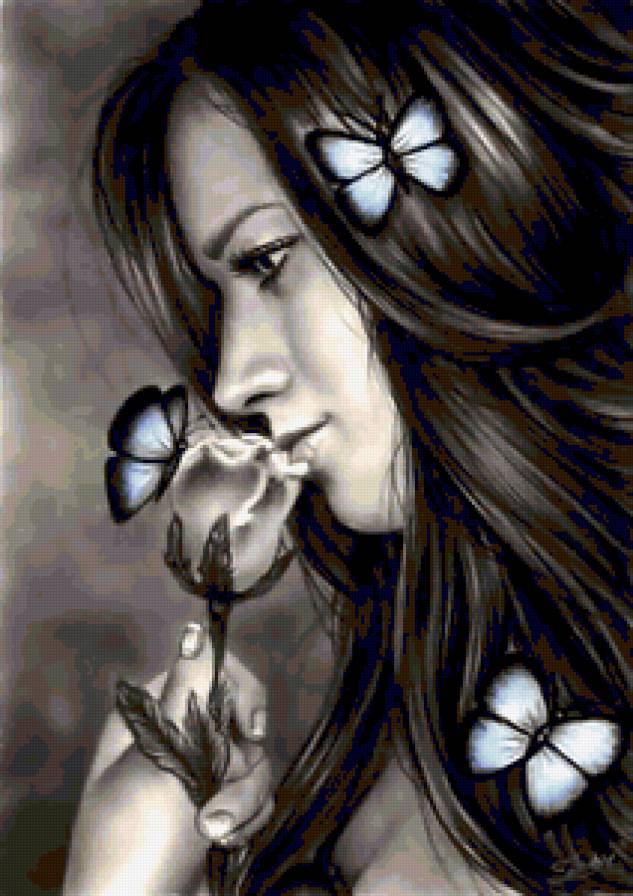 Девушка и мотылек 2 - девушка, бабочка, розы - предпросмотр