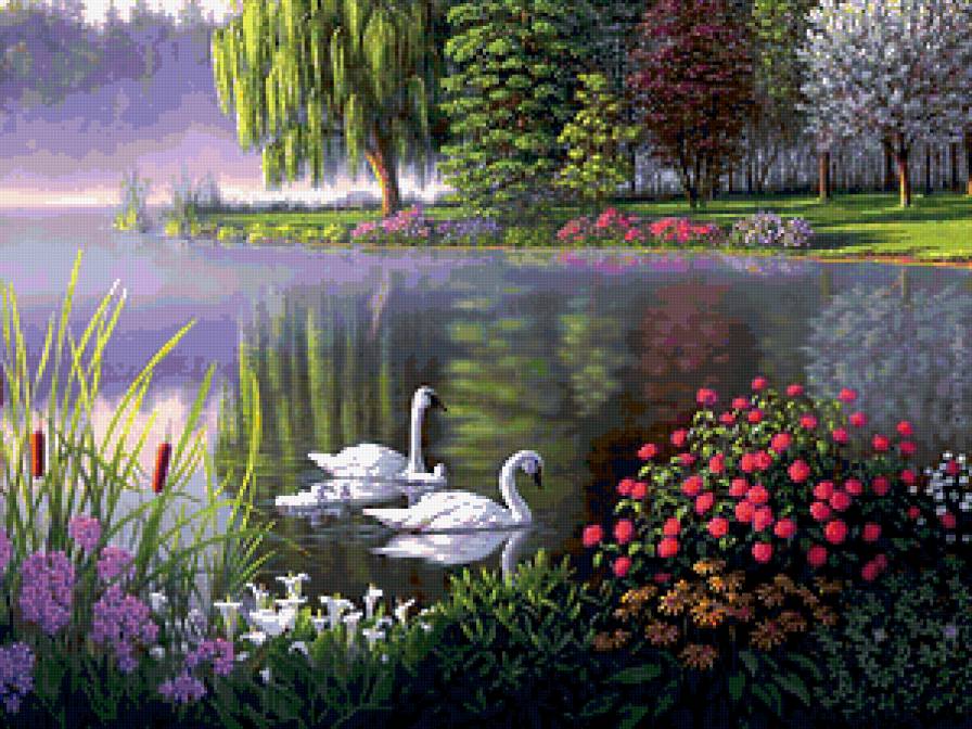 Лебединое озеро - лебеди, пейзаж, озеро, природа - предпросмотр