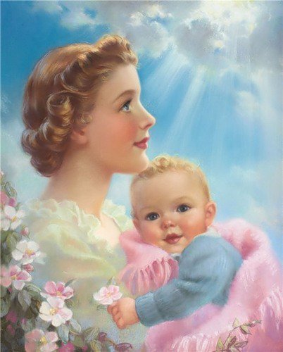 №425936 - женщина, портрет, мать, живопись, дети, ребенок, цветы - оригинал