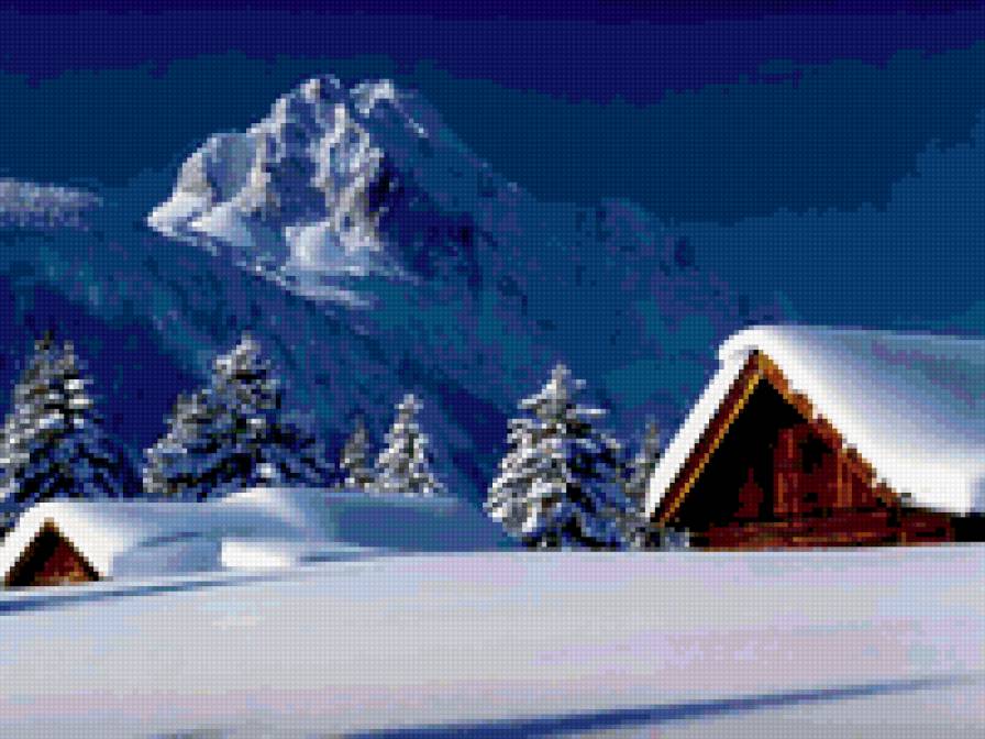 зима - снег, зима, дом, горы - предпросмотр