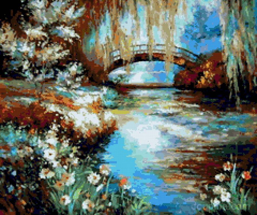 мостик - водоем, живопись, пейзаж, природа, мост - предпросмотр