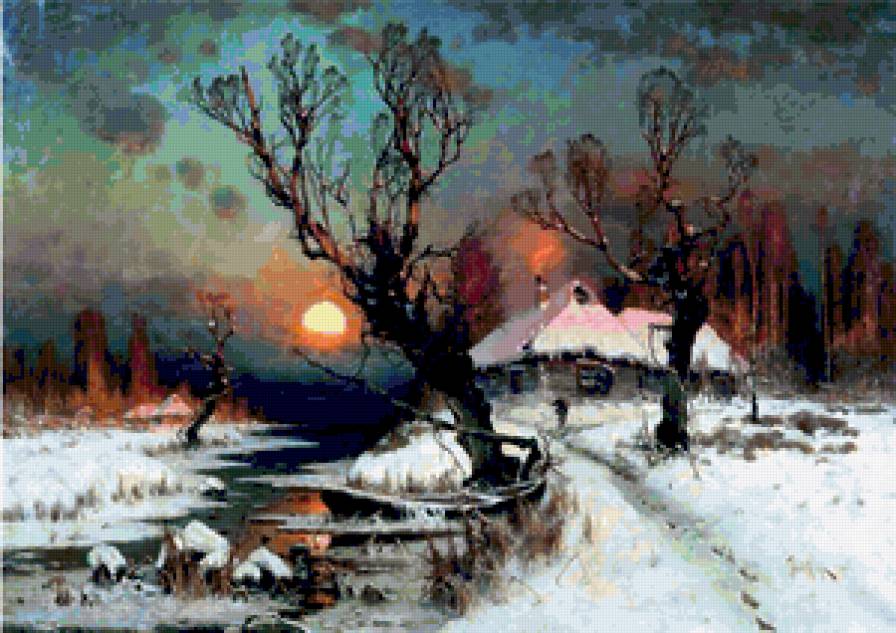 Зимний пейзаж - дом, зима, деревня, солнце, река, снег, зимний, деревья, пейзаж - предпросмотр