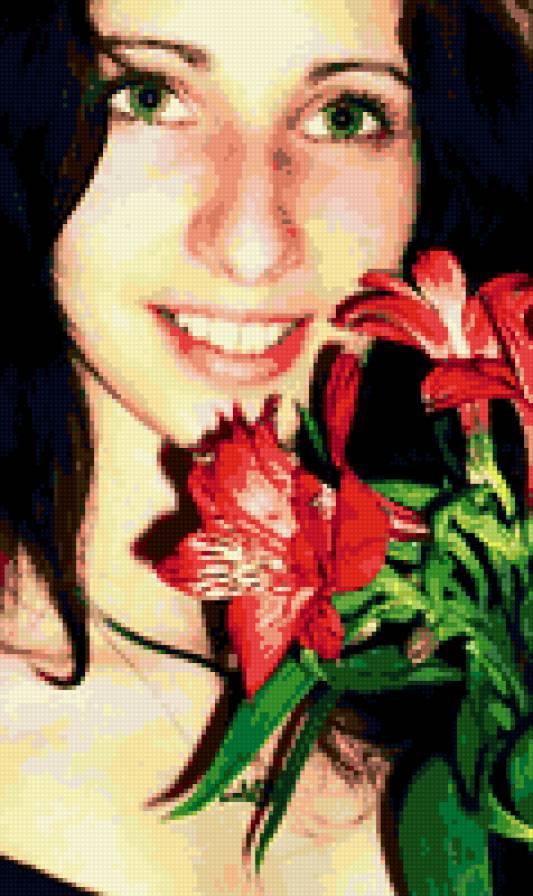 Лилии - красные цыеты, лицо, девушка, лилии - предпросмотр