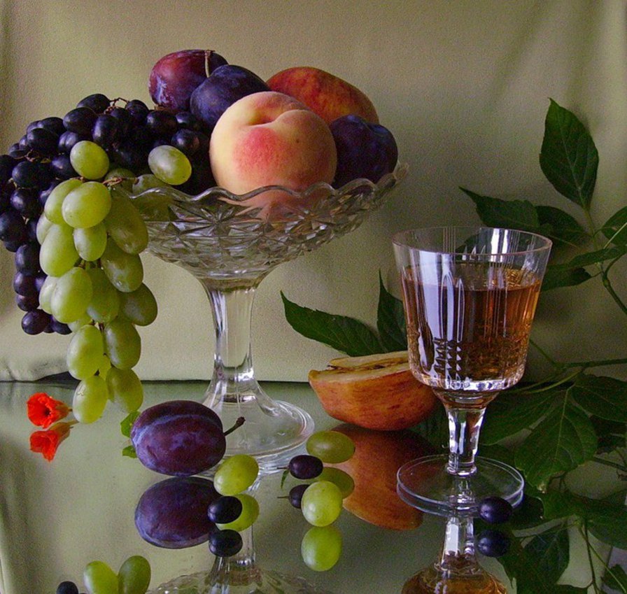 Серия "Натюрморты" - виноград, натюрморт, вино, персики - оригинал