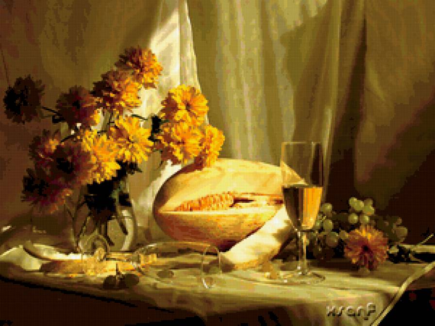 Серия "Натюрморты" - натюрморт, виноград, дыня, хризантемы, вино - предпросмотр