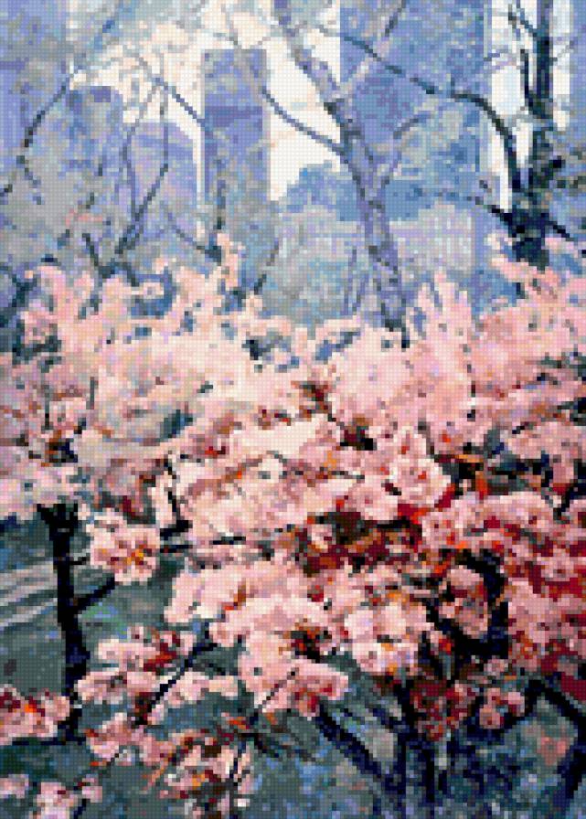 Весна в Нью-Йорке - города, пастель, весна, художники, акварель, ветки, цветы - предпросмотр