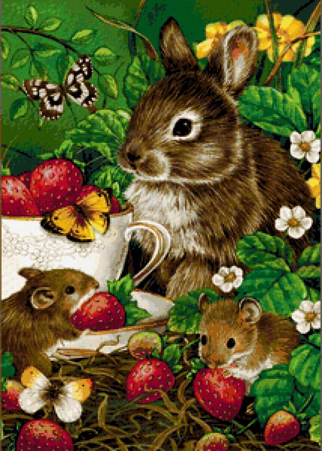 Сладкие ягоды - ягоды, мышки, зверушки, лес, зайчик, бабочка, клубника, ягодки - предпросмотр