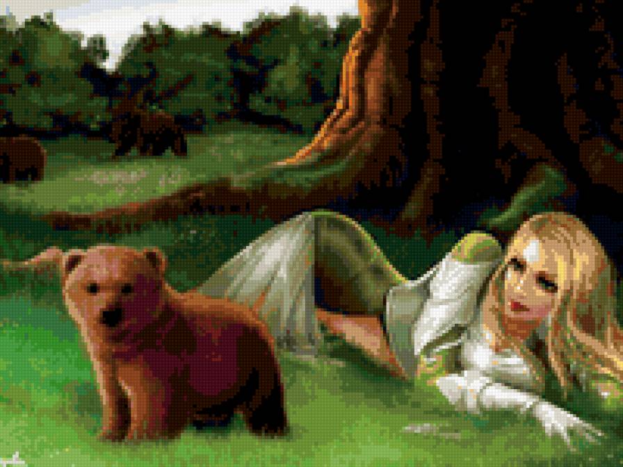медвежонок с эльфийкой - девушка, медвежонок, фэнтези - предпросмотр