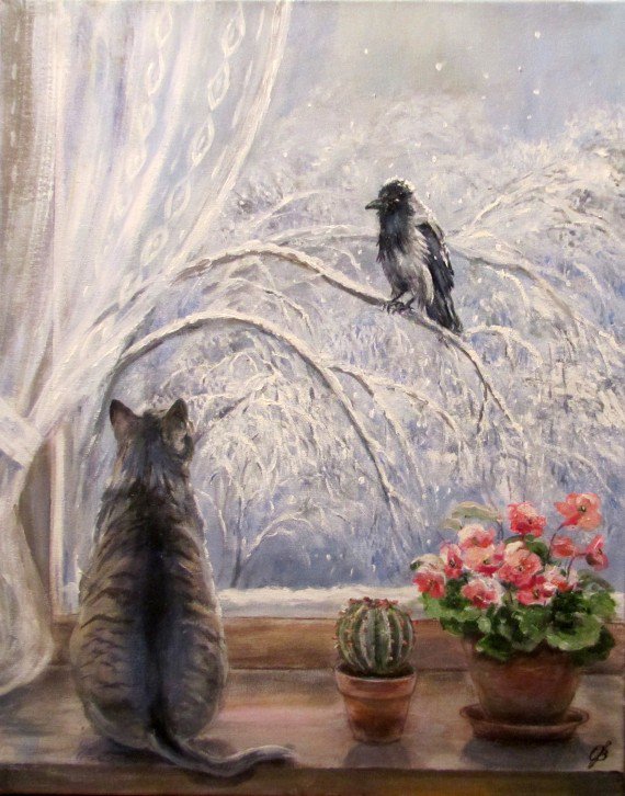 Кошка на окошке - ворона, кот, зима, окно - оригинал