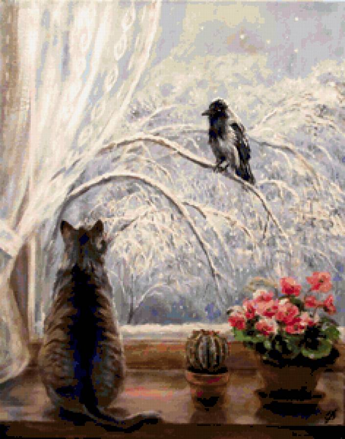 Кошка на окошке - кот, окно, зима, ворона - предпросмотр