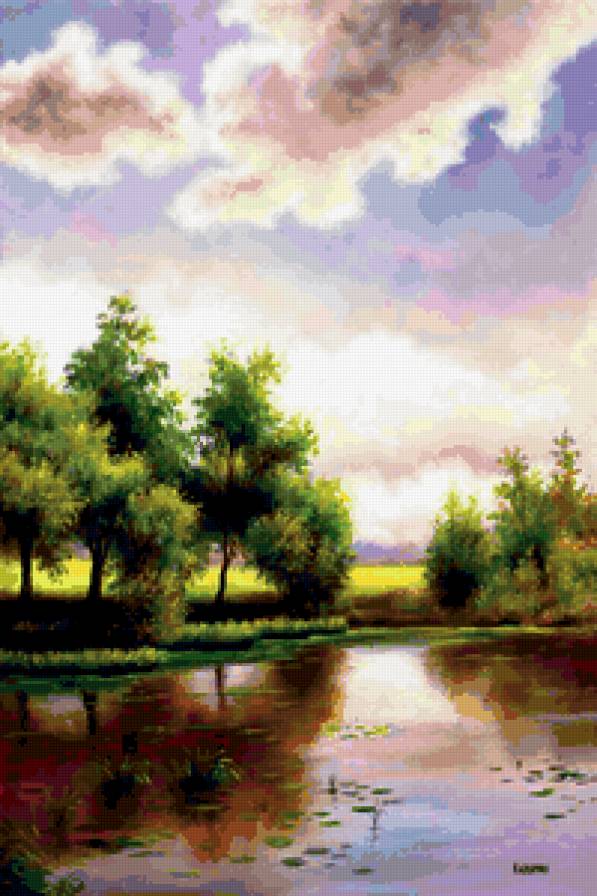 картина - лето, речка, природа, лес, пейзаж - предпросмотр