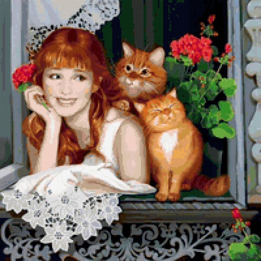 Веселая компания - девушка, кошка - предпросмотр