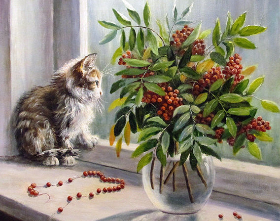 На окошке - животные, котенок, рябина, окно, ваза, букет - оригинал