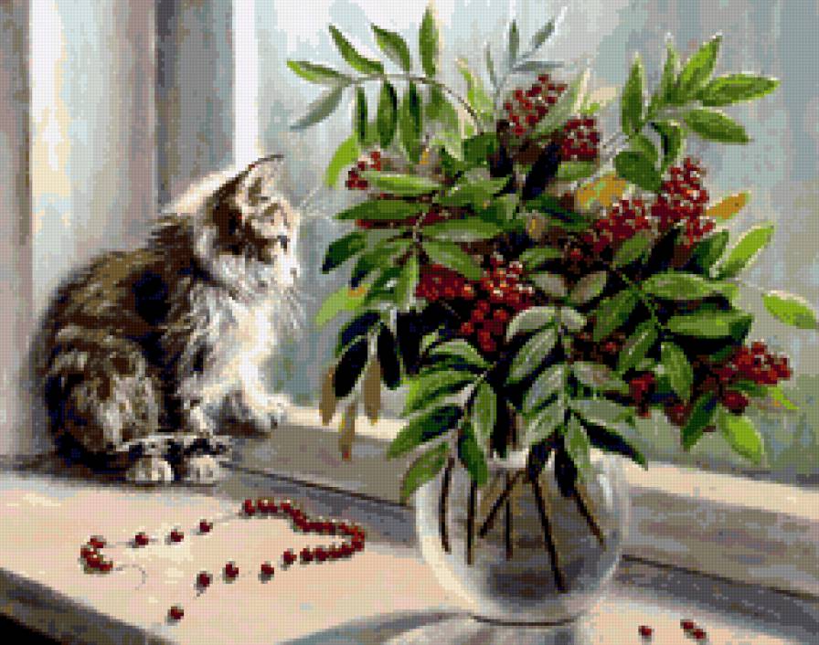 На окошке - котенок, окно, животные, букет, рябина, ваза - предпросмотр