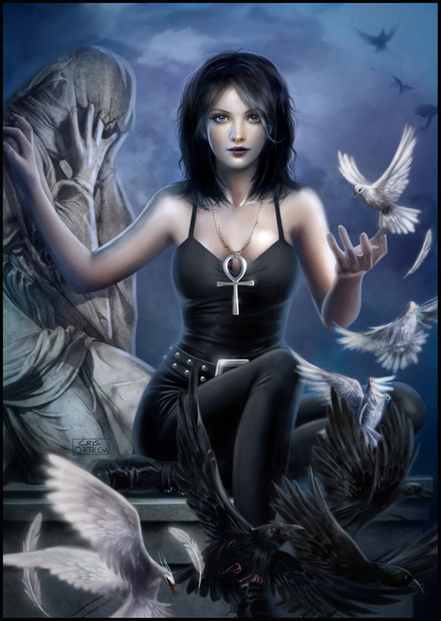 Во тьме - птицы, фэнтези, девушка - оригинал